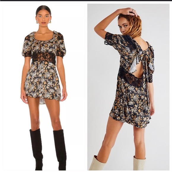 Free People Dresses & Skirts - Free People Lucie Mini Boho Black Combo Short Dress NEW 2 Floral Fairy